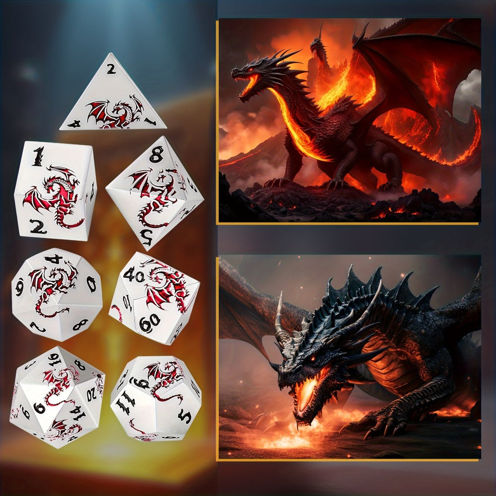 Dragon Metal Dice Set 7pcs Hand-Polished, Retro Carved Dragon Pattern Polyhedral DnD TTRPG RPG Dice with Dragon Storage Bag