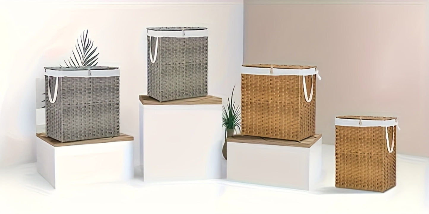Lidded Woven Laundry Hamper with Removable Liner in Goose Yellow or Dove Gray and Two Capacity Labels