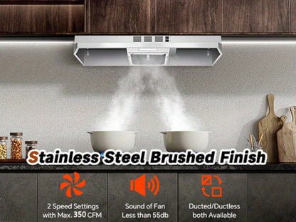 Range Hood 36 Inch Under Cabinet Ducted Ductless Convertible Stainless Steel 350CFM 2-Speed for Home Cooking, Dining and Outdoor Meals