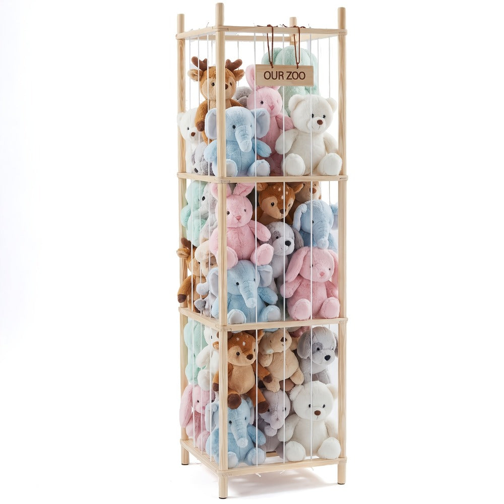 Four-Tier Stuffed Animal Storage Organizer with Rectangular Open Frame in Natural, White or Pink