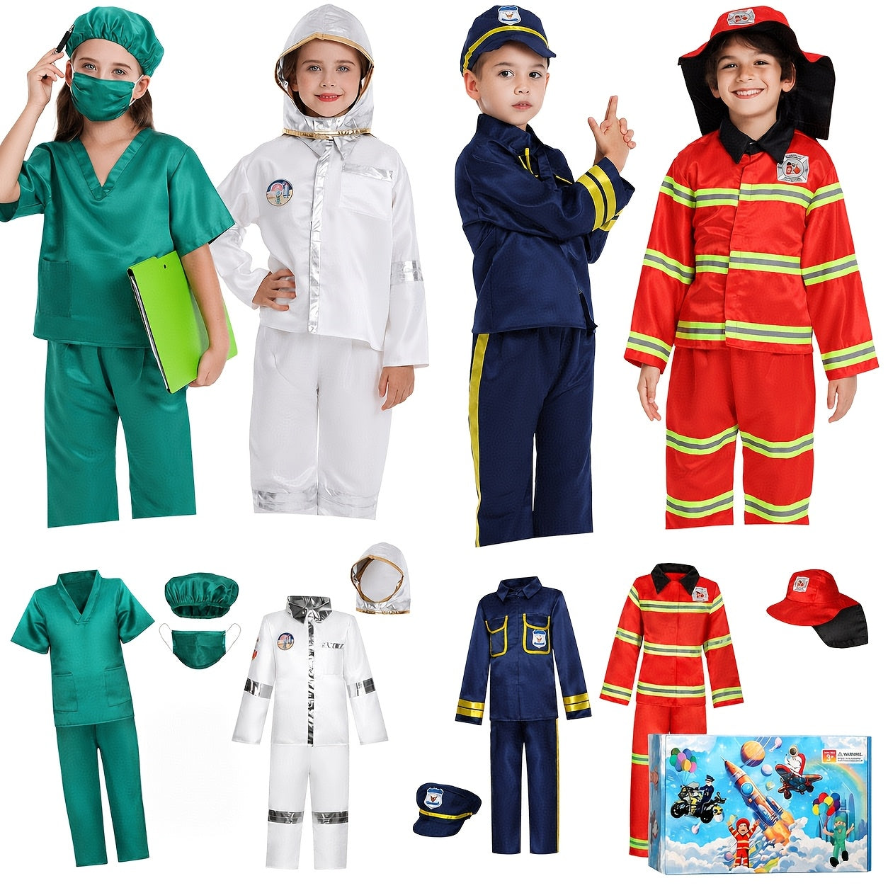 Kids Dress Up Costumes Set 4-in-1, Firefighter, Police, Astronaut & Doctor Role Play Clothes for Boys Girls Ages 3-6