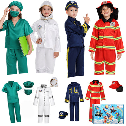 Kids Dress Up Costumes Set 4-in-1, Firefighter, Police, Astronaut & Doctor Role Play Clothes for Boys Girls Ages 3-6