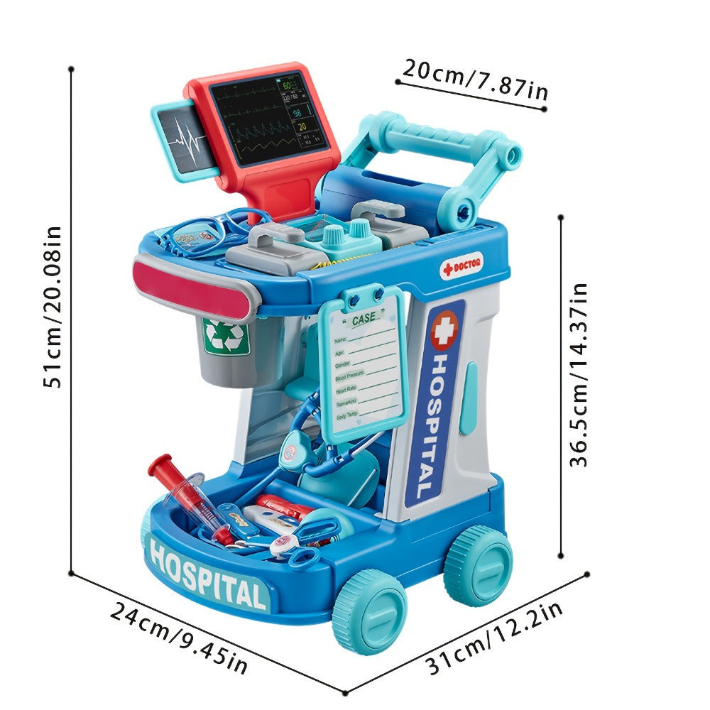 Kids Doctor Kit with Medical Cart Set, Movable Toy Trolley, Stethoscope, Thermometer & Accessories