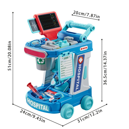 Kids Doctor Kit with Medical Cart Set, Movable Toy Trolley, Stethoscope, Thermometer & Accessories