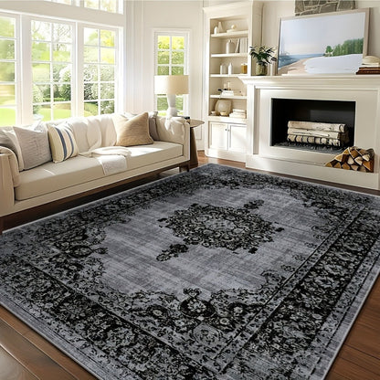 Area Rug Velvet Bohemian Floral Geometric Low-Pile Design in Six Machine-Washable Room Sizes