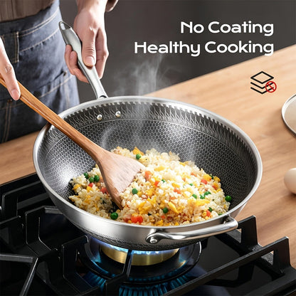 Stainless Steel Wok Set 13.3 Inch Non-stick Honeycomb Design with Lid & 2 Cookware Accessories