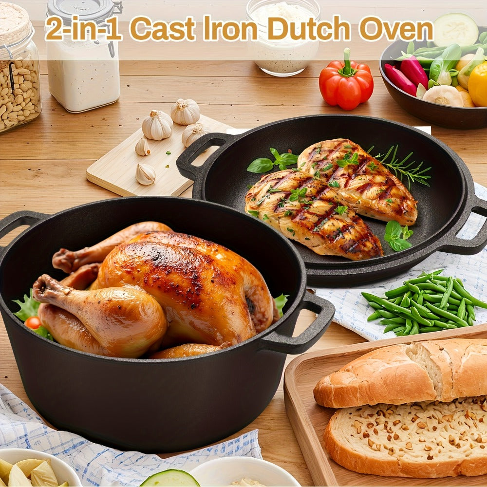 Cast Iron Dutch Oven Set 5.1QT & 7QT with Skillet Lid – Pre-Seasoned 2-in-1 Cookware for Stovetop, Induction, Oven, Campfire & BBQ