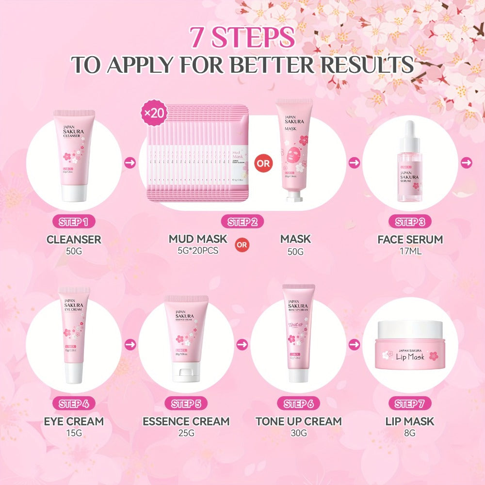 Sakura Skincare Gift Set with Mini and Full Routine Options, Pink Packaged Facial-Care Items and Accessories