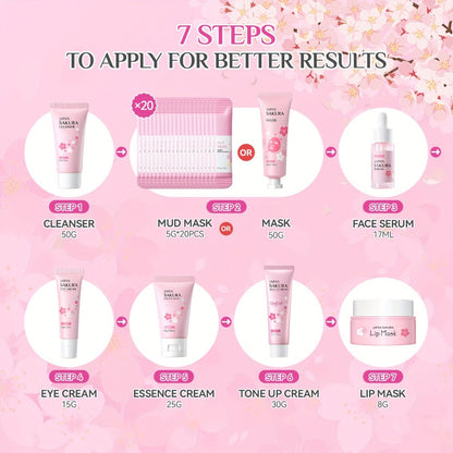 Sakura Skincare Gift Set with Mini and Full Routine Options, Pink Packaged Facial-Care Items and Accessories