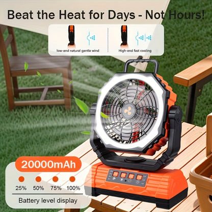 Portable Camping Fan with Dual Motors LED Light & Remote Control, Solar Powered Outdoor Fan with Hook for Tent Work Site Power Outage