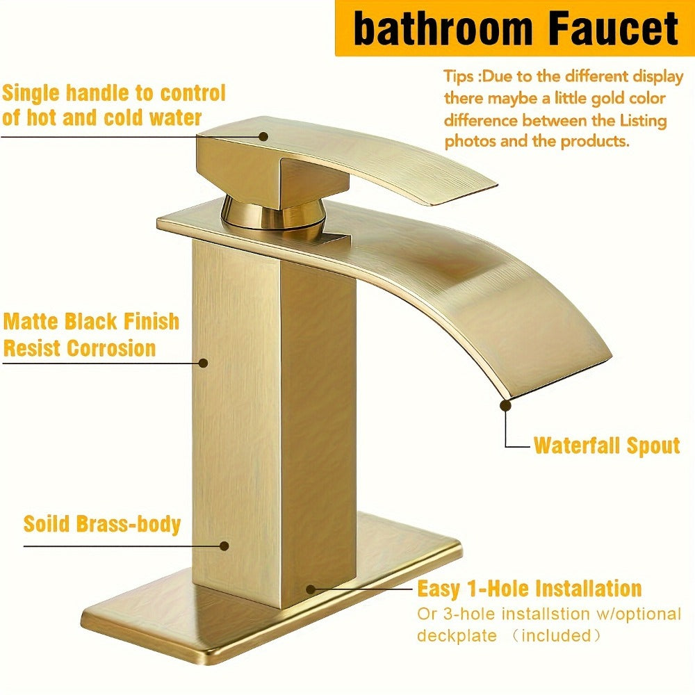 Waterfall Bathroom Sink Faucet, Single Hole or 3-Hole Mixer Tap with 6" Deck Plate, Ceramic Valve