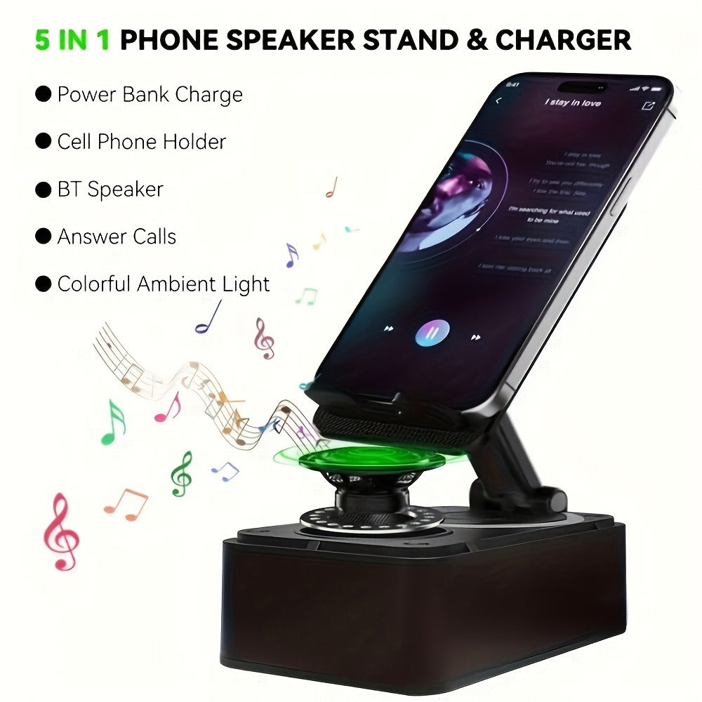 Bluetooth Speaker Phone Holder 5-in-1, 360° Adjustable Tablet Stand with HD Surround Sound