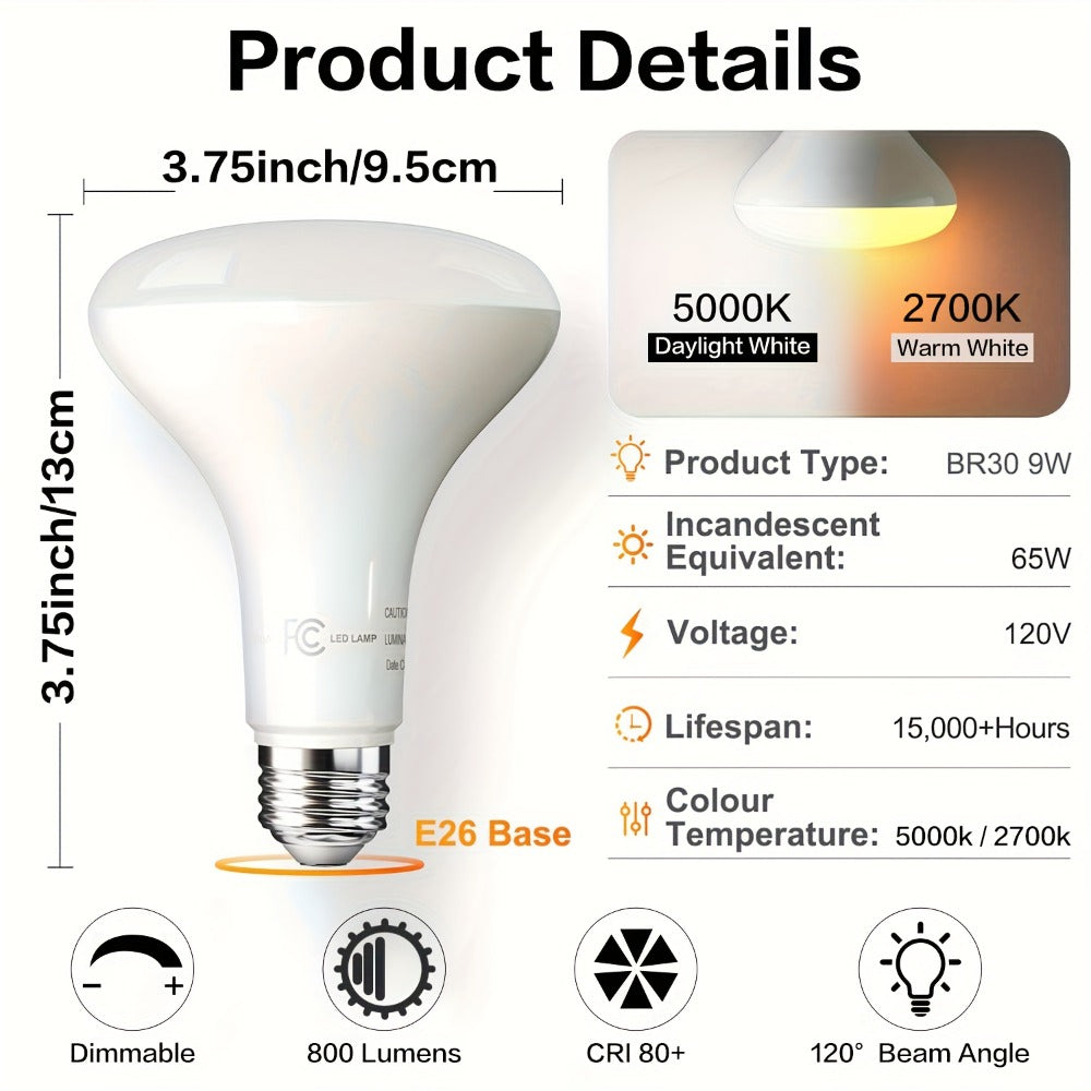 BR30 LED Flood Light Bulbs Dimmable 9W = 65W Equivalent 800 Lumens E26 Base CRI 80+ Recessed Light Bulbs for Ceiling Kitchen