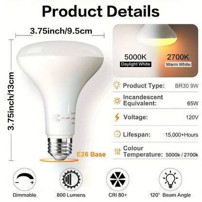BR30 LED Flood Light Bulbs Dimmable 9W = 65W Equivalent 800 Lumens E26 Base CRI 80+ Recessed Light Bulbs for Ceiling Kitchen
