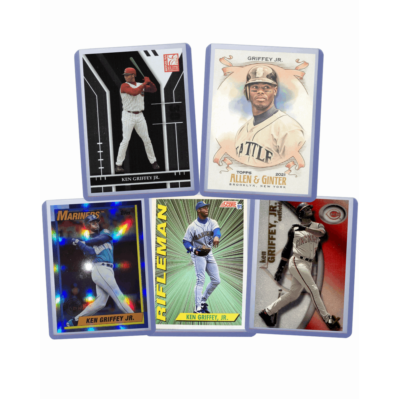 Sports Trading Cards, Ken Griffey Jr Five-Card Baseball Lot with Topps, Panini, Fleer and Donruss Artwork