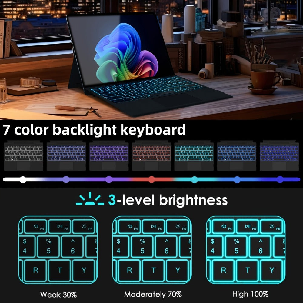 Surface Pro Keyboard with 7-Color Backlit Touchpad Ultra-Slim Bluetooth Wireless 15M Rechargeable 750mAh Type Cover for Microsoft Surface