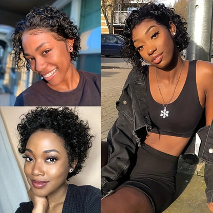 Synthetic Wig 6-Inch Short Small-Curl Afro in Black with Glueless Rose Net Cap for Events and Cosplay