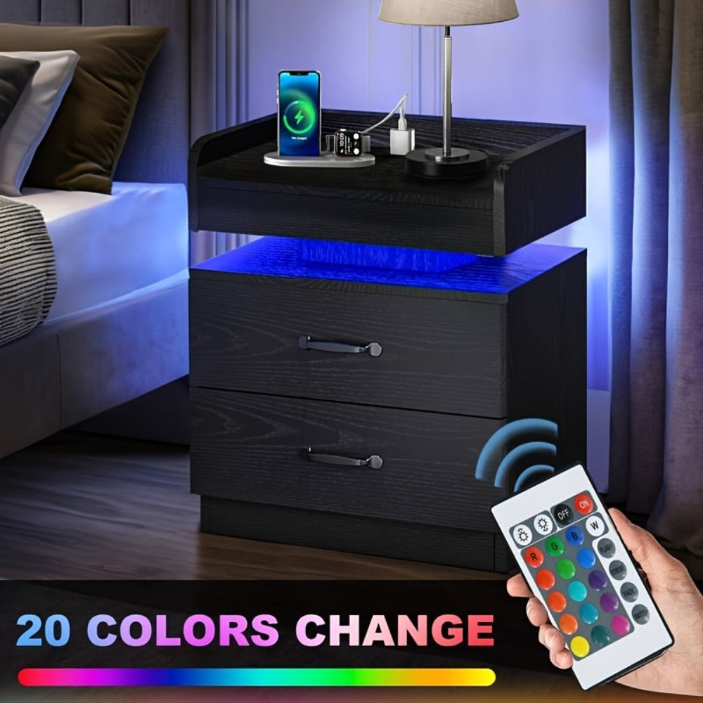 Wooden Nightstand with LED Ambient Light & Charging Station, Fabric Drawer, Blue Glow for an Everyday Personal Care Routine