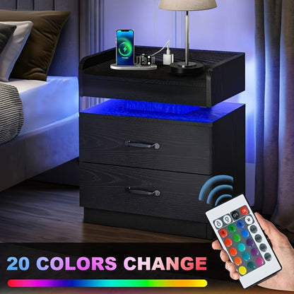 Wooden Nightstand with LED Ambient Light & Charging Station, Fabric Drawer, Blue Glow for an Everyday Personal Care Routine