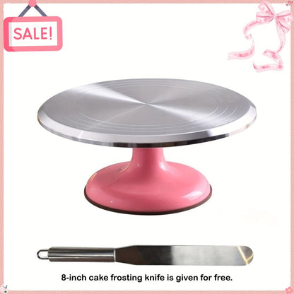 9.84-Inch Rotating Cake Turntable with Frosting Spatula and Pink, Sky Blue or White Base for Decorating