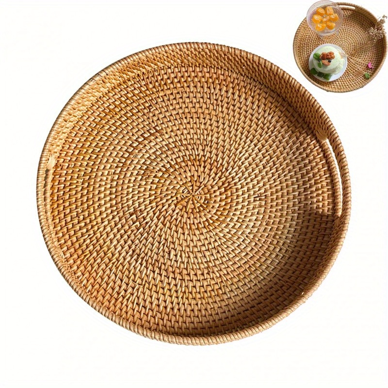 Serving Tray Basket – Hand-Woven Round Rattan Organizer for Fruits Bread Snacks, for Home Cooking, Dining and Outdoor Meals
