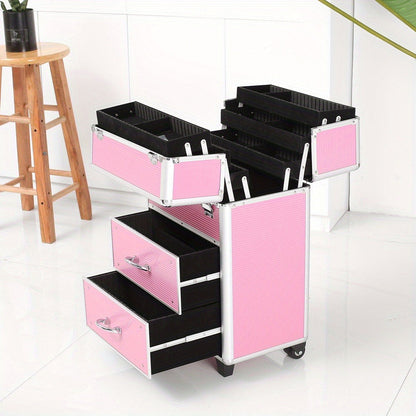 Pink Four-Tier Rolling Makeup Train Case with Fold-Out Top Trays, Two Drawers and Telescoping Handle