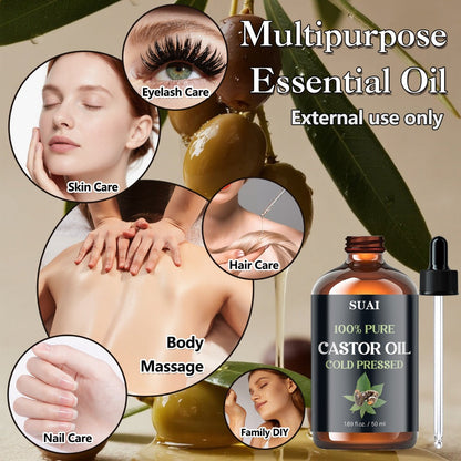 Castor Oil 100% Pure Cold Pressed 1.69oz – Hypoallergenic Multi-Use Oil for Hair Growth Eyebrow Eyelash Thickening Skin Moisturizing Nail