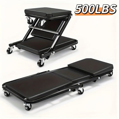 Mechanic Creeper Crawler Seat 36" Z-Type Folding with 6 Swivel Wheels & Adjustable Load Plate – Garage Repair Crawling Board