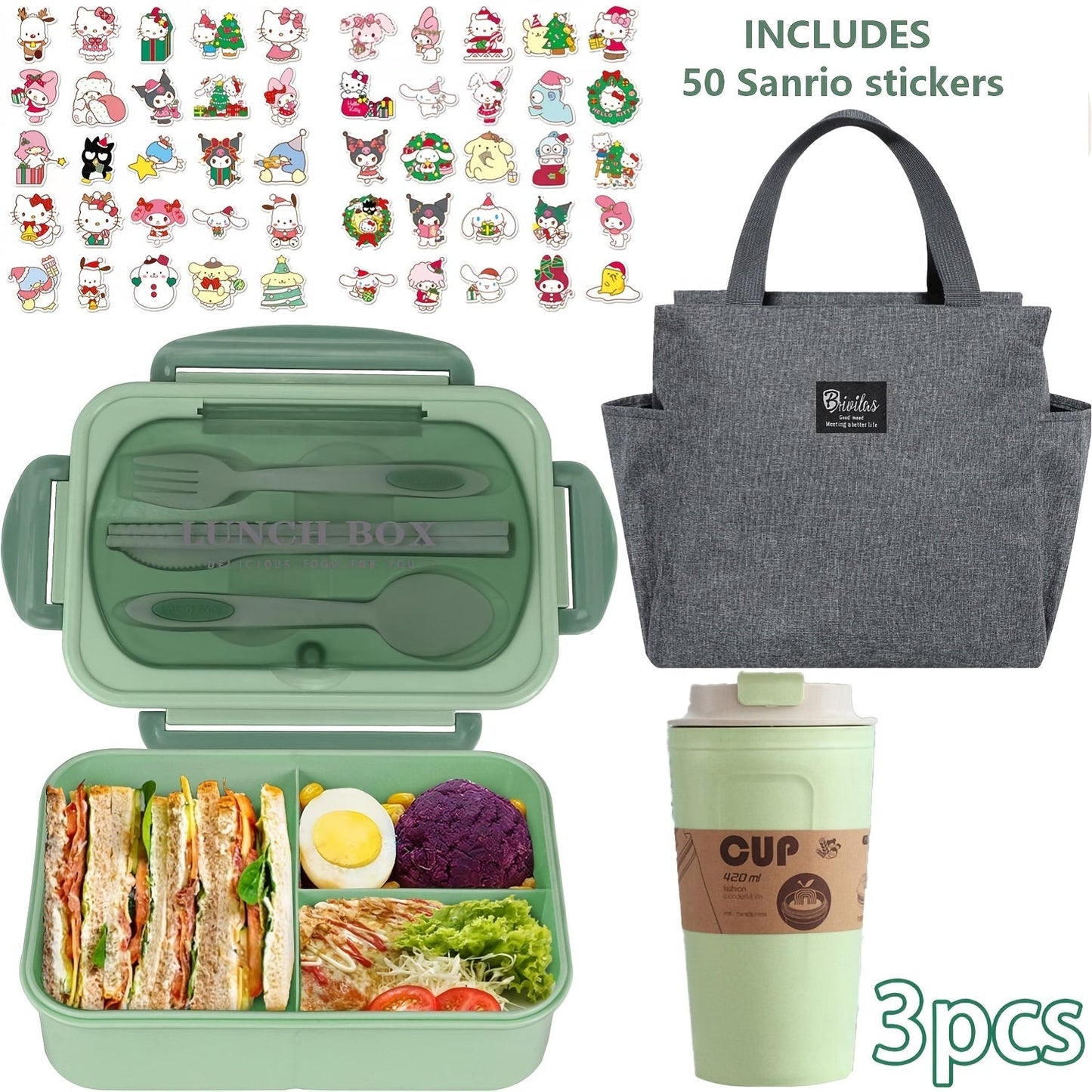 Sanrio Lunch Box Set 53pcs Bento Box with Thermal Bag Breakfast Cup Portable Sealed Compartment Microwave for Work Picnic School