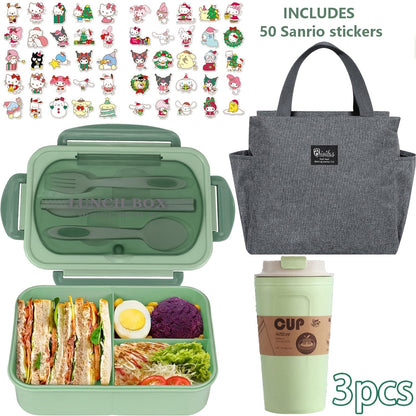 Sanrio Lunch Box Set 53pcs Bento Box with Thermal Bag Breakfast Cup Portable Sealed Compartment Microwave for Work Picnic School