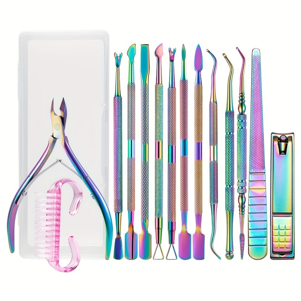 Nail Tech Kit 15pcs Professional Stainless Steel – Cuticle Nipper & Pusher Nail File Gel Polish Remover Complete Manicure Pedicure Tools
