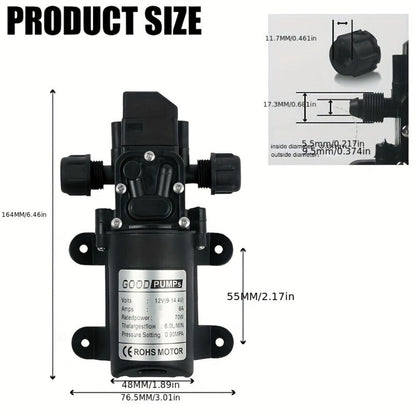 12V DC High Pressure Diaphragm Water Pump 70W Self Priming Pump 6L/Min 0.9MPA Portable for Entryways, Bedrooms and Living Spaces