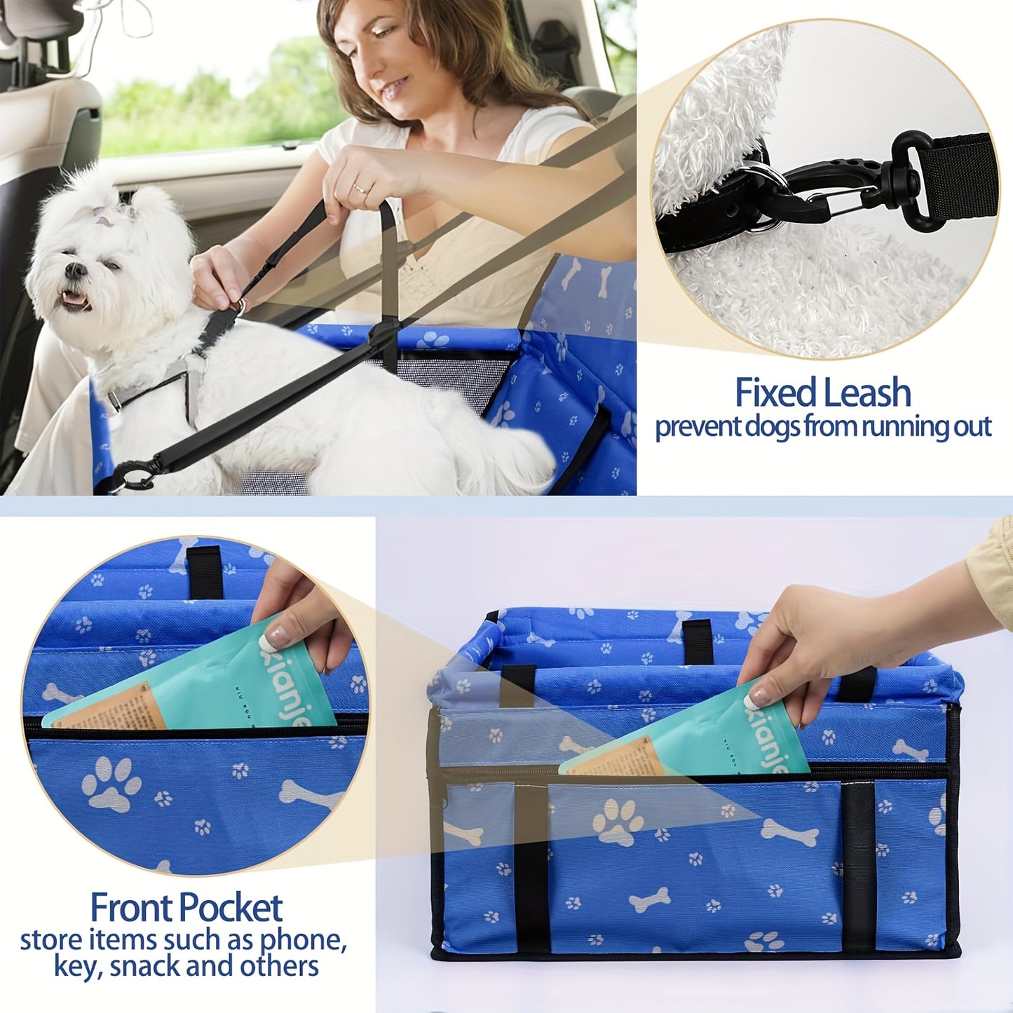 Dog Car Booster Seat for Small Dogs & Cats – Foldable Oxford Pet Car Seat Carrier with Safety Leash, Adjustable Straps, Breathable Mesh