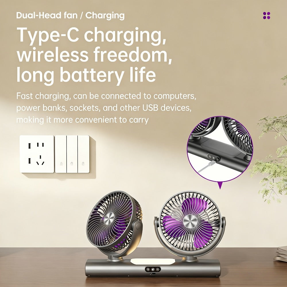 Double Head Air Circulation Fan USB Rechargeable, Desktop & Wall-Mounted 3-Speed Dual-Head Fan with Atmosphere Night Light