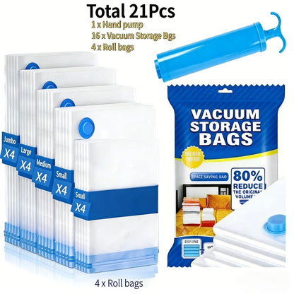 Vacuum Storage Bags with Air Pump, 20-21 Pack Reusable Compression Bags for Clothes, Quilts & Blankets