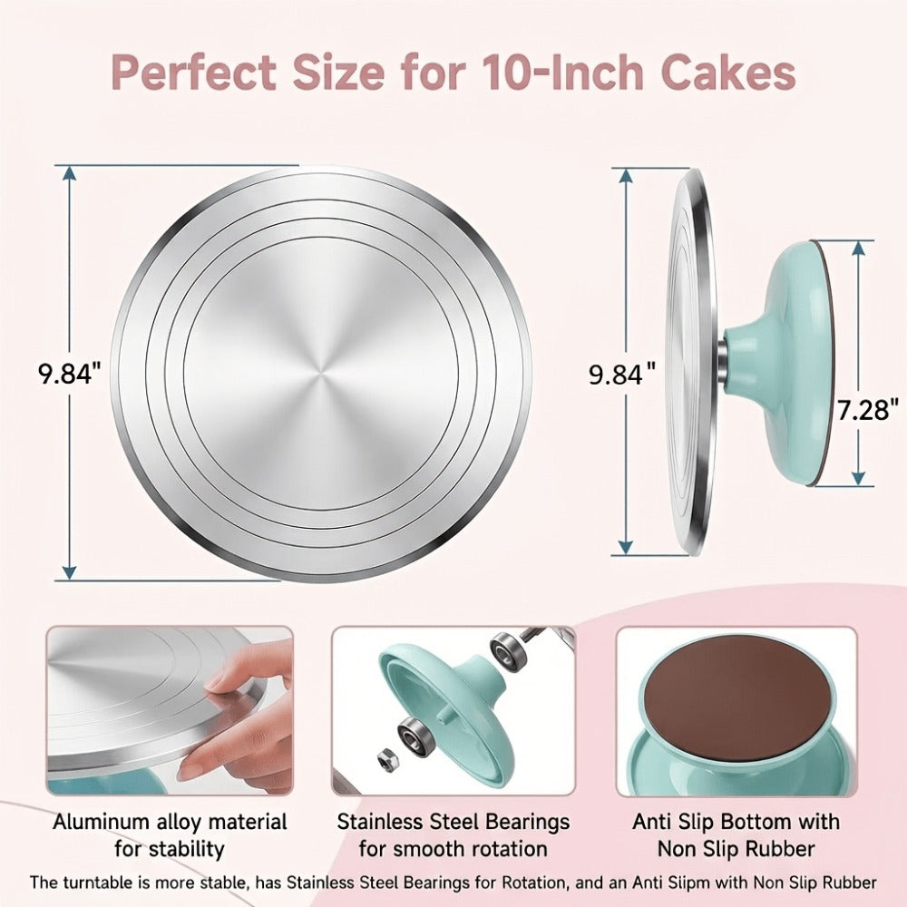9.84-Inch Rotating Cake Turntable with Frosting Spatula and Pink, Sky Blue or White Base for Decorating