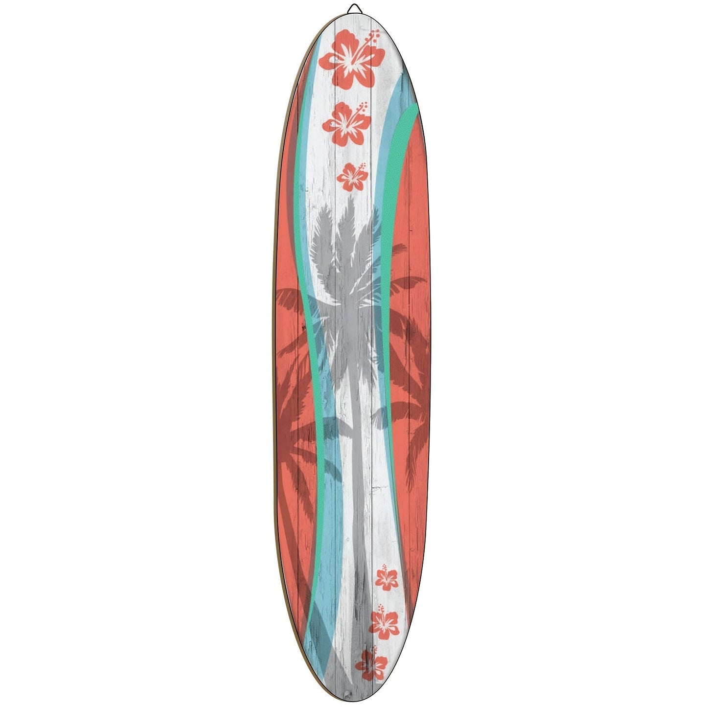 Wooden Surfboard Wall Art 15.74", Rustic Tropical Beach Decor with Hibiscus & Tiki Mask Design