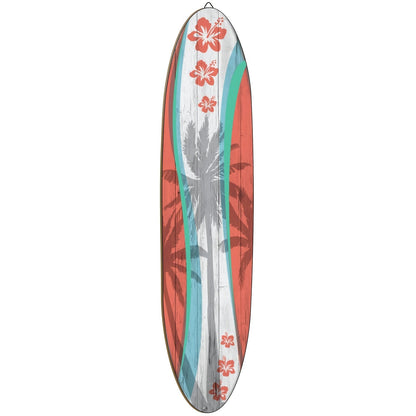 Wooden Surfboard Wall Art 15.74", Rustic Tropical Beach Decor with Hibiscus & Tiki Mask Design
