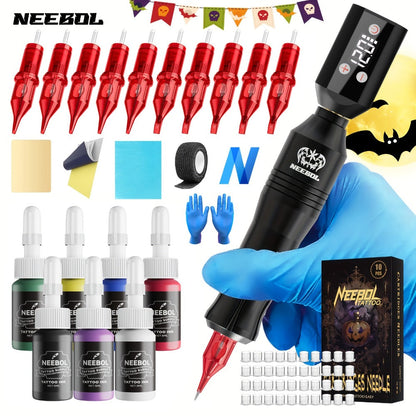 Tattoo Machine Kit Neebol L01 Pro Wireless Rotary Pen with LCD Display and Black or Red Complete Kit Options
