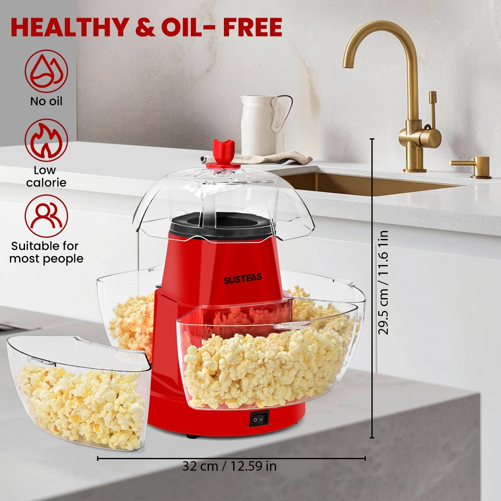 Hot Air Popcorn Maker with 4 Bowls, Oil-Free Electric Popcorn Machine 95% Pop Rate Ready in 3 Min