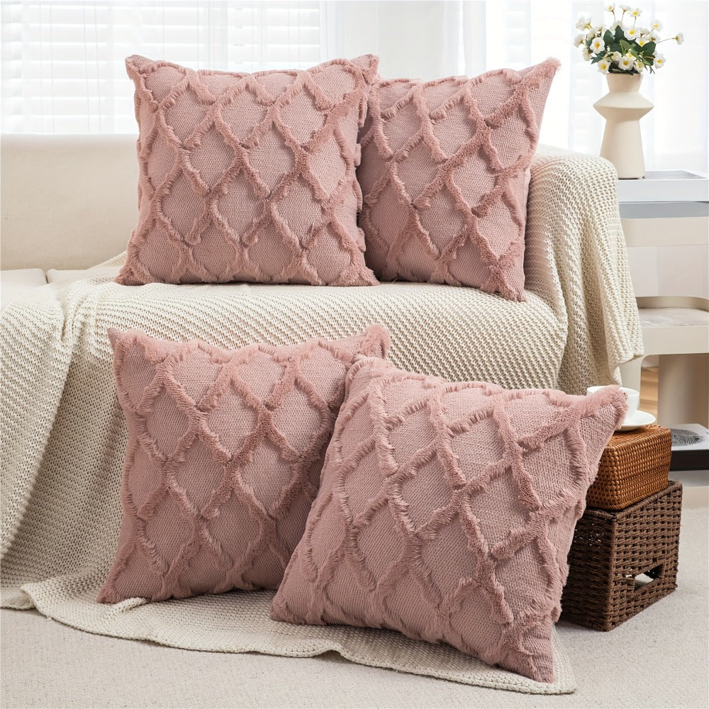 Decorative Pillow Covers 18x18 Set of 4 Boho Soft Plush Faux Wool Throw Pillow Cases with Zipper for Sofa Couch Bedroom Living Room