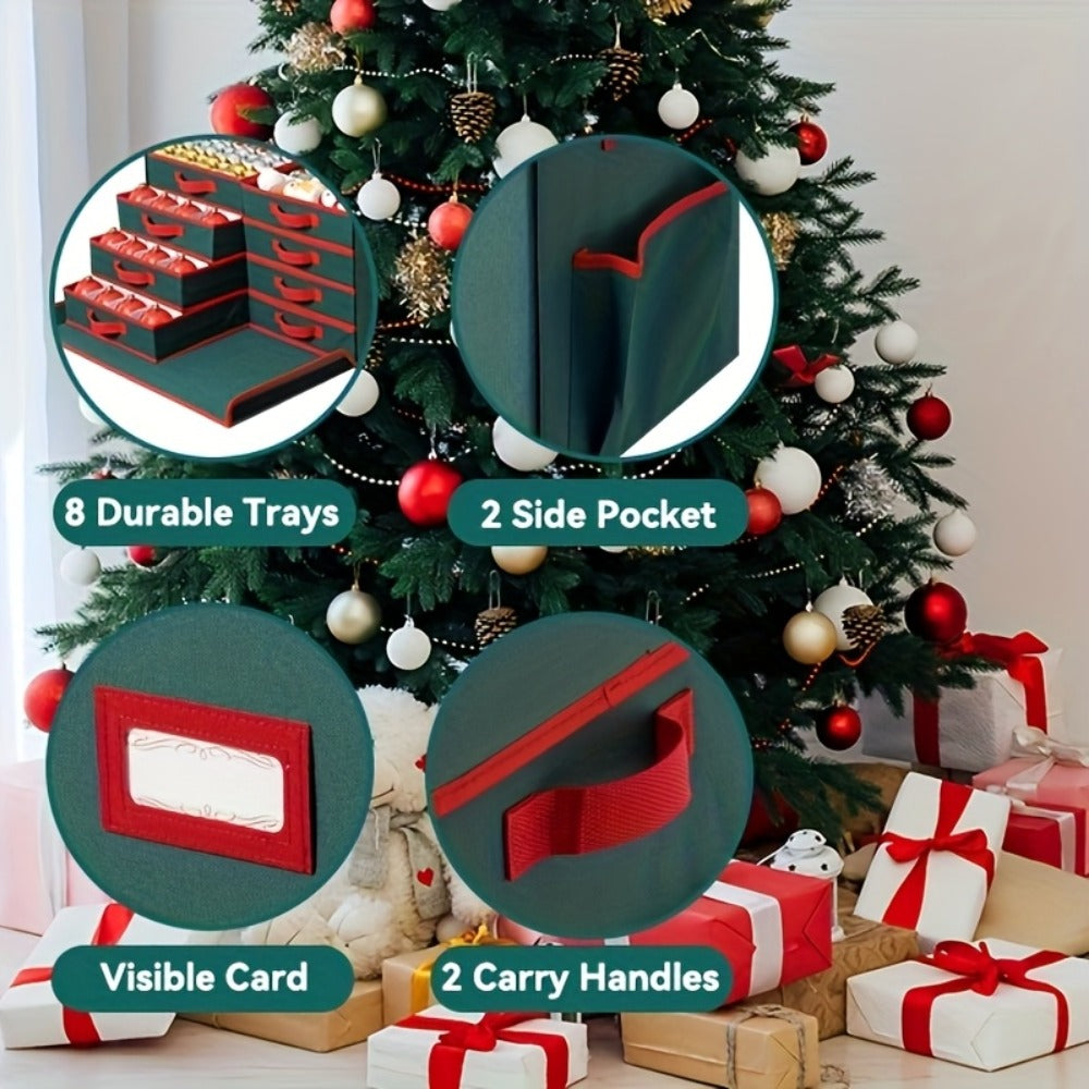 Christmas Ornament Storage Box 128 Slots 8 Trays Stackable Large Capacity Holiday Organizer with Lid Side Open Adjustable Dividers Removable