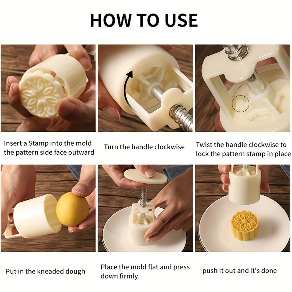 Mooncake Mold 7pcs Set, 50g Hand Press Moon Cake Maker with 6 Flower Pattern Stamps, Mid-Autumn Festival Cookie Stamp Pastry Tool