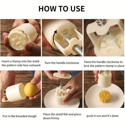 Mooncake Mold 7pcs Set, 50g Hand Press Moon Cake Maker with 6 Flower Pattern Stamps, Mid-Autumn Festival Cookie Stamp Pastry Tool