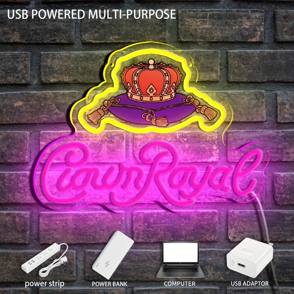 Crown Royal Neon Sign USB Powered LED Wall Art Glow Pendant Pink Orange UV Print for Game for Entryways, Bedrooms and Living Spaces