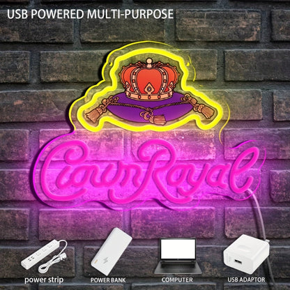 Crown Royal Neon Sign USB Powered LED Wall Art Glow Pendant Pink Orange UV Print for Game for Entryways, Bedrooms and Living Spaces