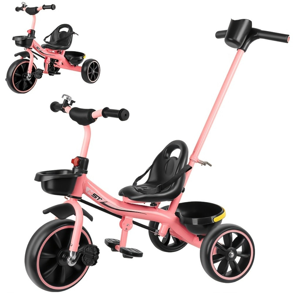 Push Handle Tricycle for Toddlers Girls Pink, 3 Wheel Trike Ages 18-60 Months with Padded Backrest
