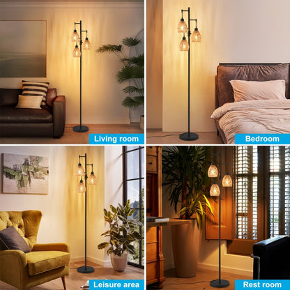 Boho Rattan Floor Lamp Dimmable, 3-Light Stepless Dimming Standing Lamp with Natural Rattan Shade & Metal Base for Living Room