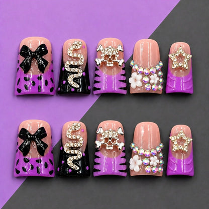 Press On Nails 10-Piece Handmade Short Duckbill Leopard Skull Rhinestone Acrylic Set with Tools