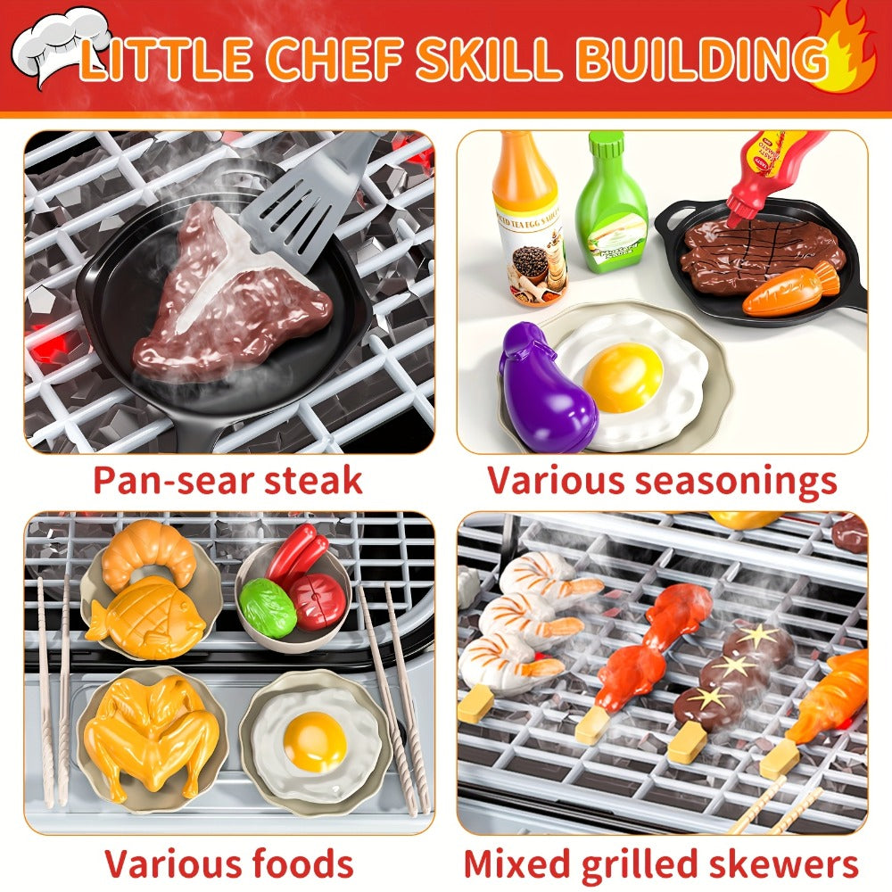 Kids BBQ Grill Playset Two-Tier with Toy Food Meats Fruits Spices & Working Water Tap for Grilling, Camping and Outdoor Meals